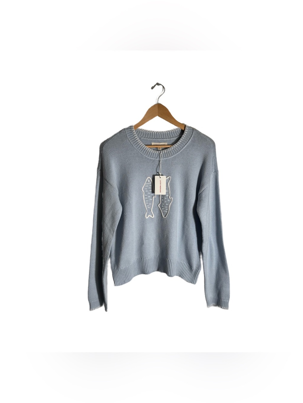 Lucky Brand Fish Sardine Knit Sweater Women's Small Blue White Pullover NWT
